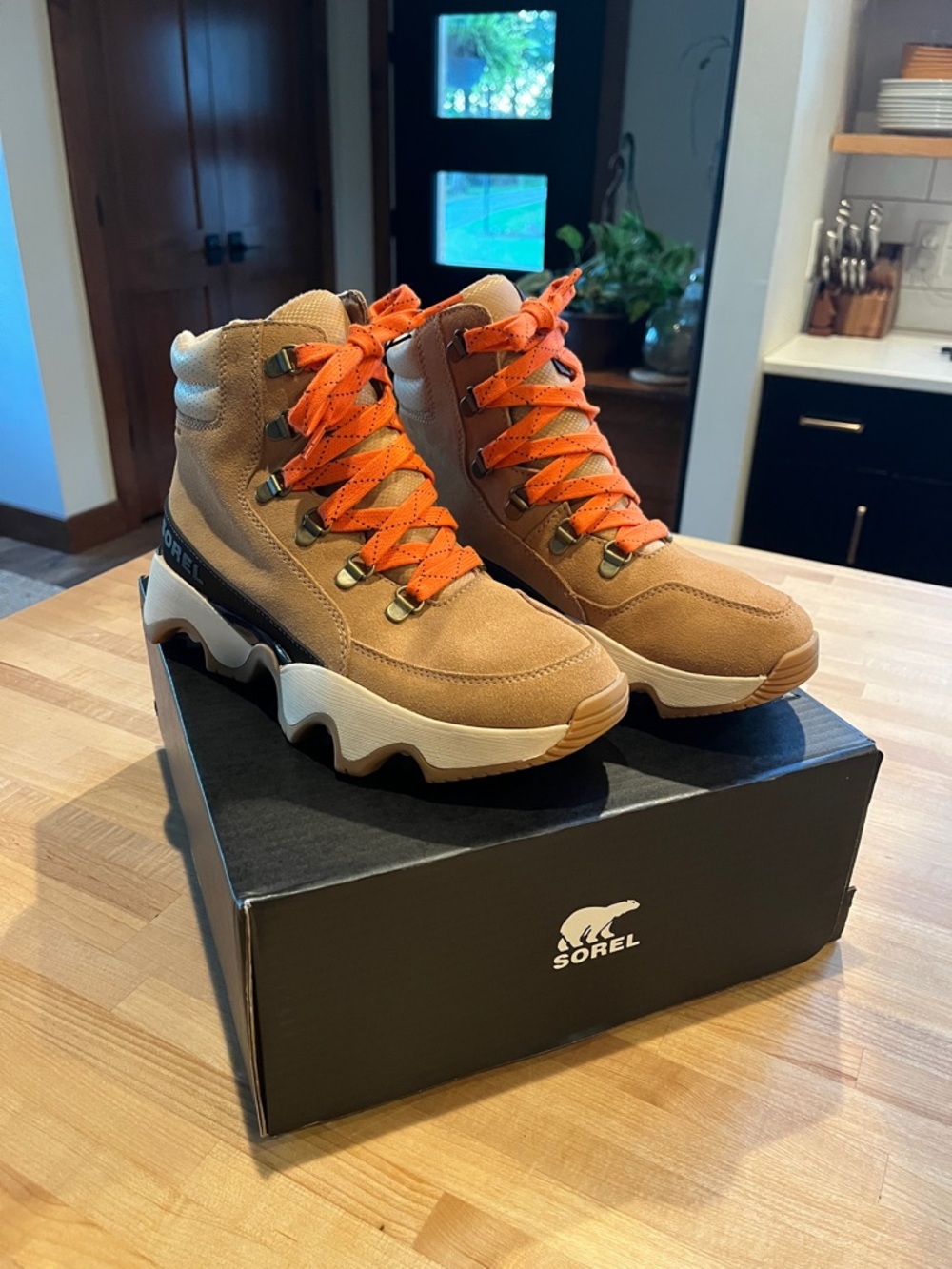 Sorel Kinetic Impact Conquest Tawny Buff Lace-Up Boots with Orange Laces